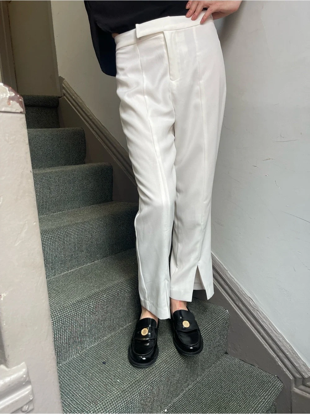 Cropped White Tailored Slit Hem Trousers